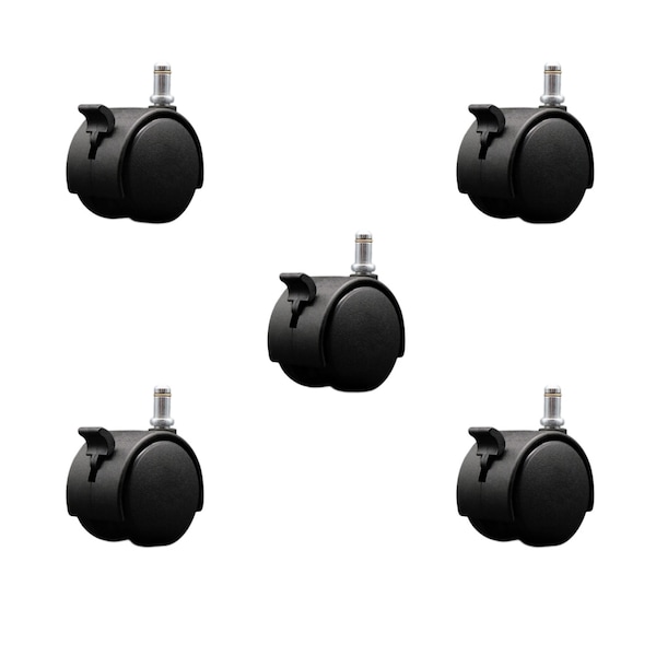 2'' Chair Casters Nylon Twin Wheel with Brakes 7/16'' Grip Ring Stem, 5PK